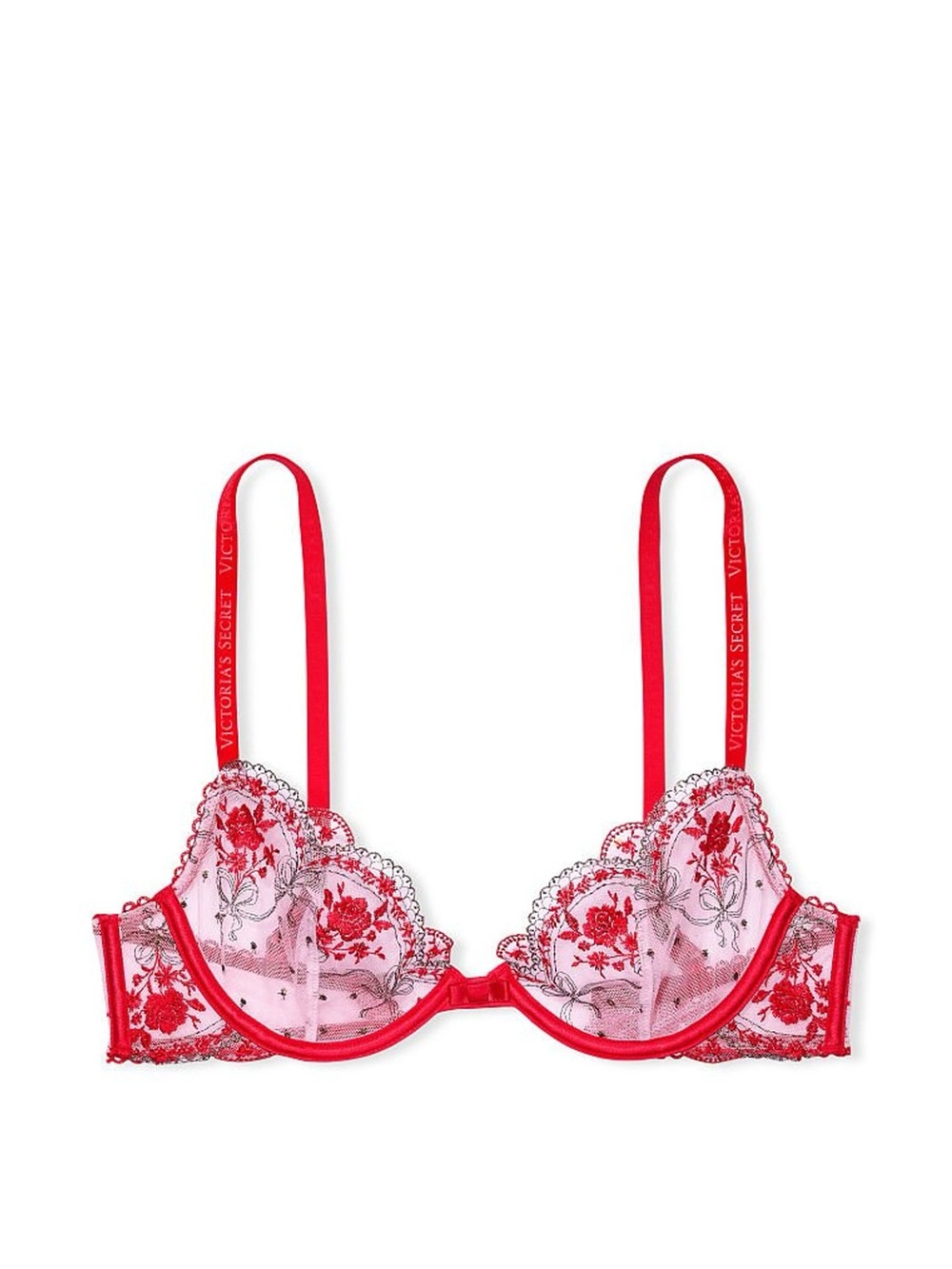 Victoria's Secret Red Floral Lace Unlined Embroidered Demi Bra size 34B